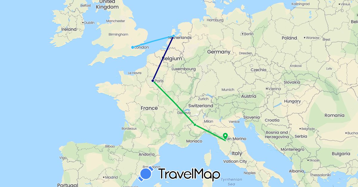 TravelMap itinerary: driving, bus, plane, boat in France, United Kingdom, Italy, Netherlands (Europe)